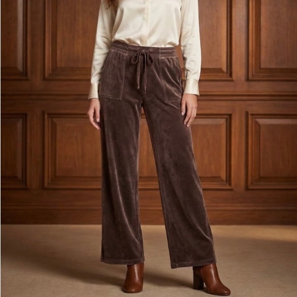 Jane and Delancey Pants - Jane & Delancey Velvet Velour Wide Leg Chocolate Brown Stretch Waist with Tie M